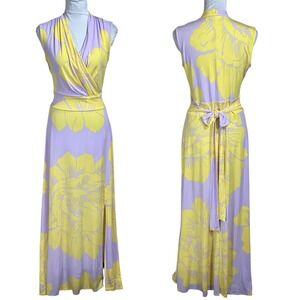 Y2K NY&C Long Jersey Maxi Dress‎ Size S Floral Lavender Yellow Feminine Spring